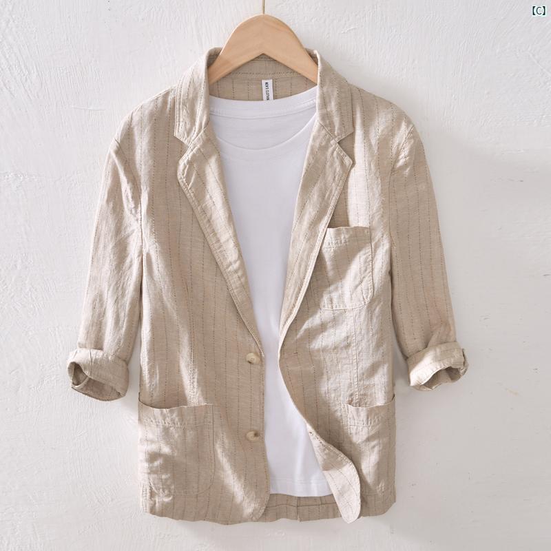 メンズ　ファッション　韓国ファッション　オシャレ　韓国 春夏 ストライプ 七分袖 リネン スーツ 男性用 薄手 カジュアル 文学 レトロ コットン 小柄 ジャケット