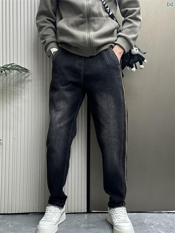 メンズ　ファッション　オシャレ　韓国 秋新 レトロ スリム ジーンズ メンズファッション スプライス ストライプ カジュアル パンツ アメリカン 小柄 ストレート レッグ