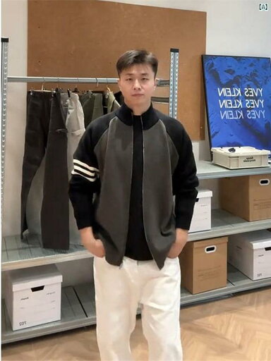 メンズ ファッション オシャレ 韓国 スプライシング ストライプ ニットカーディガン セーター 男性 秋冬 アメリカン ハイエンド スタンドカラー ジャケット メンズ ファッション オシャレ 韓国 スプライシング ストライプ ニットカーディガン セーター 男性 秋冬 アメリカン ハイエンド スタンドカラー ジャケット
