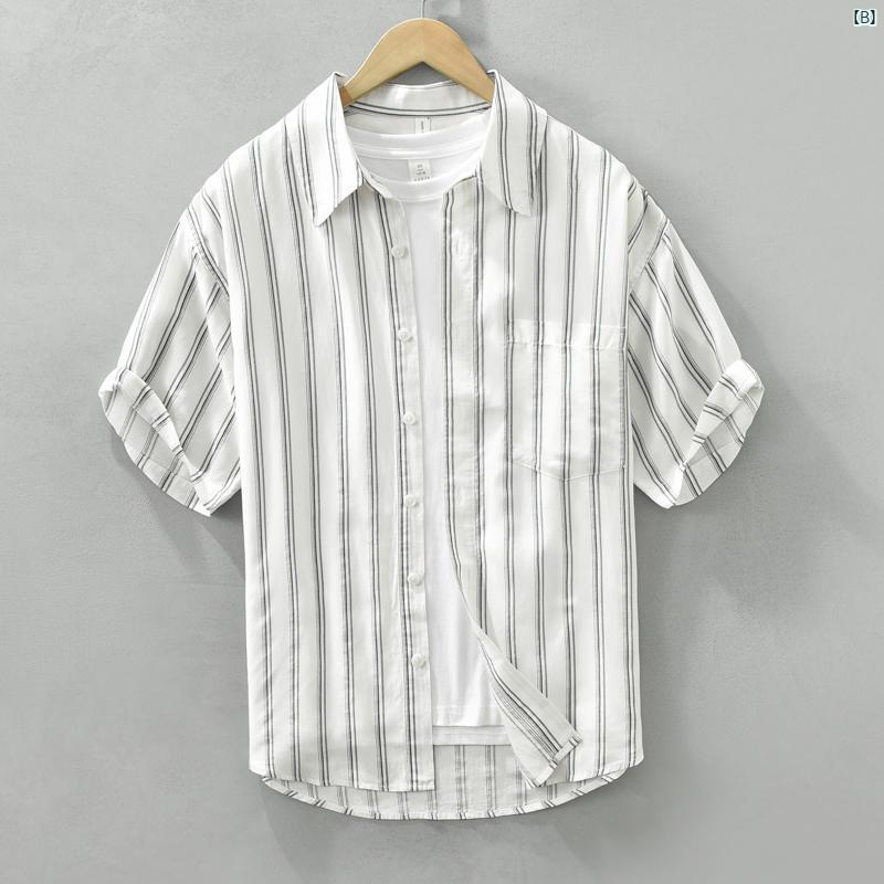 メンズ　ファッション　韓国ファッション　オシャレ　韓国 夏 メンズ ブラックストライプ 半袖 シャツ 芸術的 カジュアル たり 薄手 テンセル す