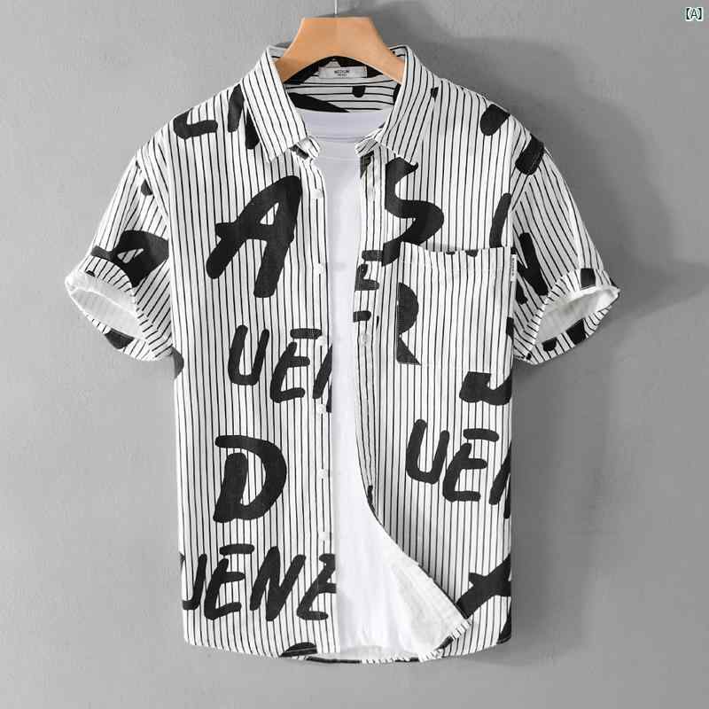 メンズ　ファッション　韓国ファッション　オシャレ　韓国 レター プリント ストライプシャツ メンズ 半袖 サマー 文学 カジュアル コットンシャツ