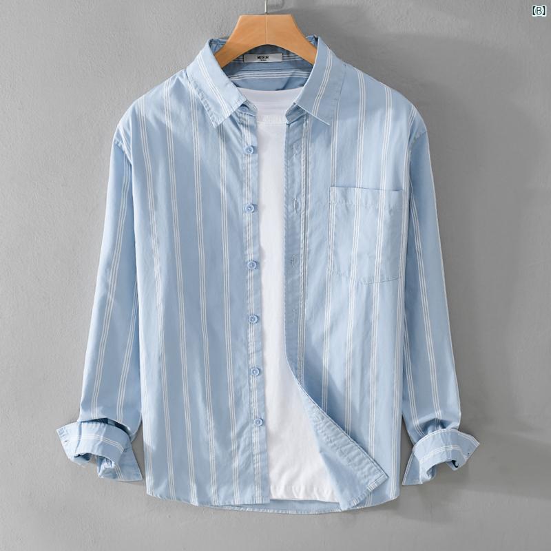 メンズ　ファッション　韓国ファッション　オシャレ　韓国 文学的 フレッシュ 縦縞 長袖 シャツ メンズ コットン 春秋 インチ ファッション カジュアル