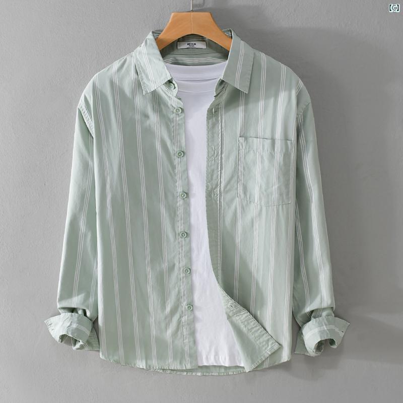 メンズ　ファッション　韓国ファッション　オシャレ　韓国 文学的 フレッシュ 縦縞 長袖 シャツ メンズ コットン 春秋 インチ ファッション カジュアル