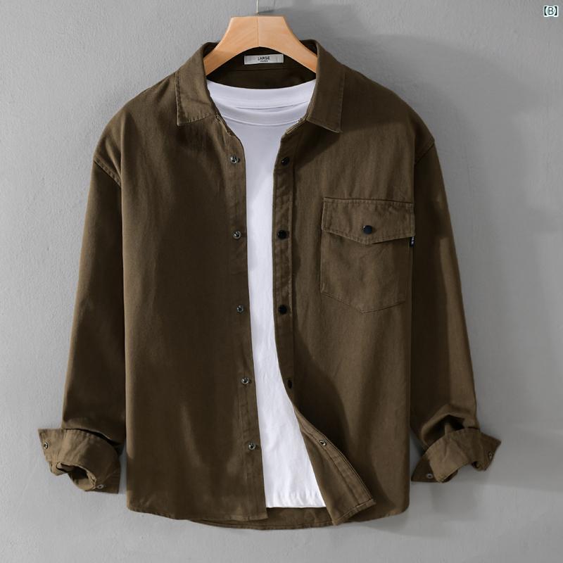 メンズ　ファッション　韓国ファッション　オシャレ　韓国 レトロ ワークウェア 長袖 シャツ メンズ 文学 カジュアル 春秋 トップス コットン 無地 ジャケット