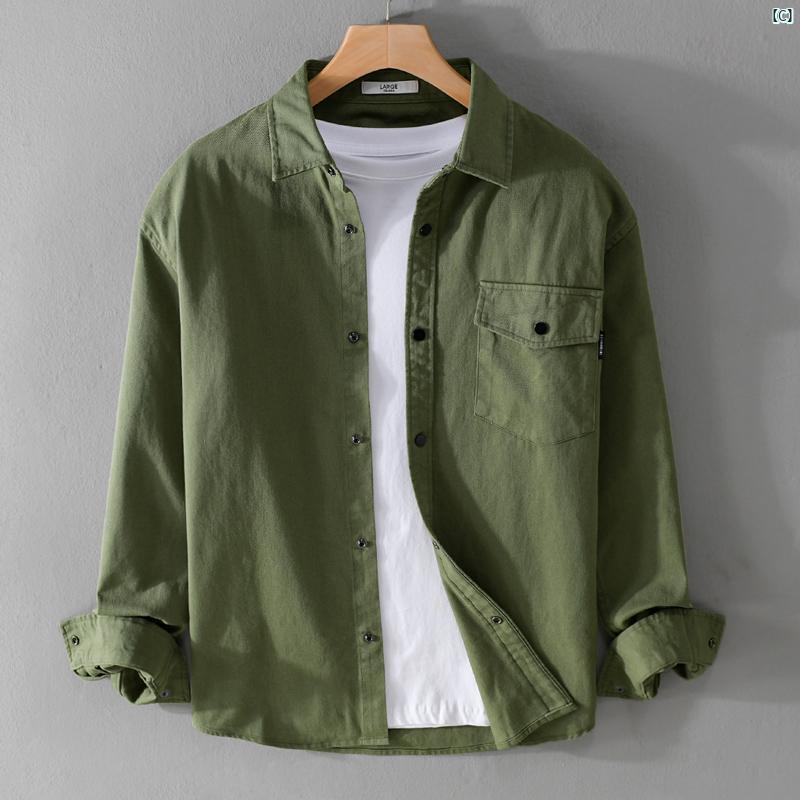 メンズ　ファッション　韓国ファッション　オシャレ　韓国 レトロ ワークウェア 長袖 シャツ メンズ 文学 カジュアル 春秋 トップス コットン 無地 ジャケット
