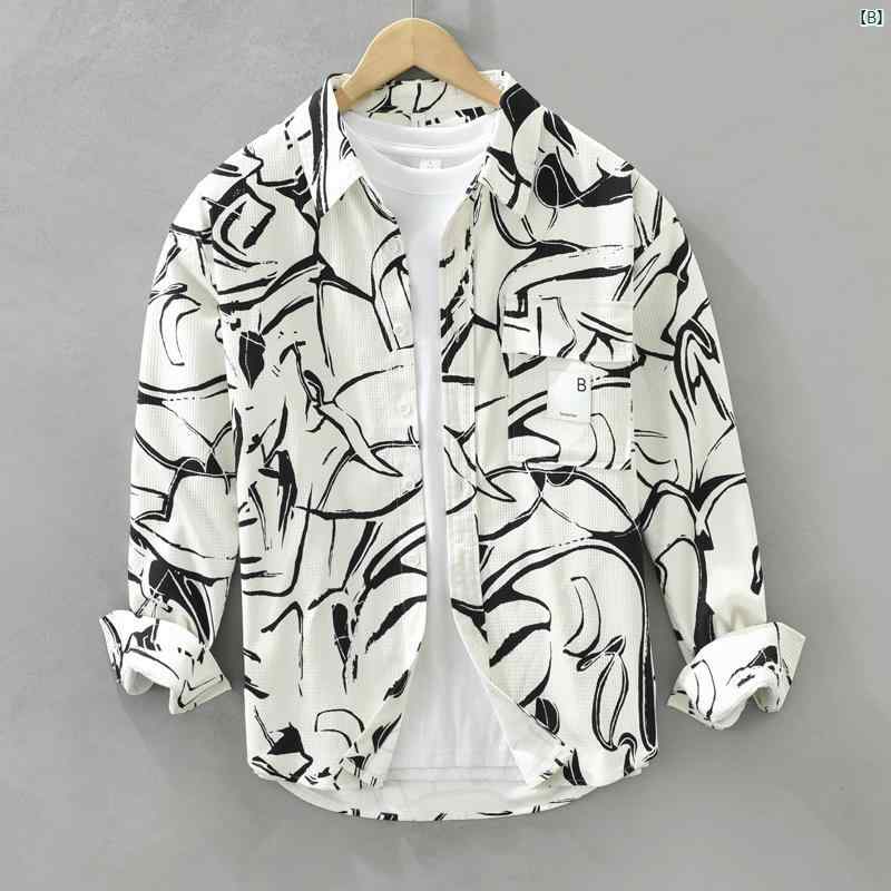 メンズ　ファッション　韓国ファッション　オシャレ　韓国 プリント シャツ メンズ 長袖 春秋 文学 ファッション