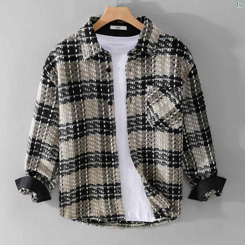 メンズ　ファッション　韓国ファッション　オシャレ　韓国 秋冬 メンズ 長袖 チェック柄 シャツ ファッション カジュアル 厚手 ウール ジャケット