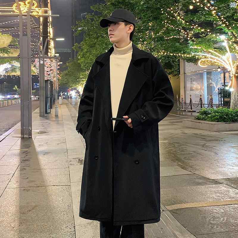 メンズ ファッション 韓国ファッション オシャレ 韓国 春秋新 ダブルブレスト ウインドブレーカー メンズ ミドル丈 レースアップ コート ハイエンド トップ