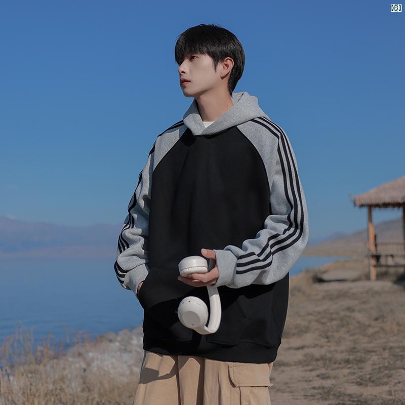 メンズ ファッション 韓国ファッション オシャレ 韓国 ストライプ ラグランスリーブ 厚手 フード付き スウェットシャツ 男性用 春秋 アメリカ トップ ジャケット