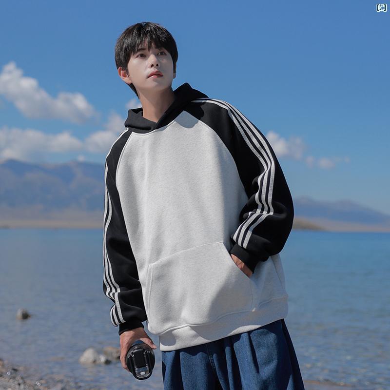 メンズ ファッション 韓国ファッション オシャレ 韓国 ストライプ ラグランスリーブ 厚手 フード付き スウェットシャツ 男性用 春秋 アメリカ トップ ジャケット