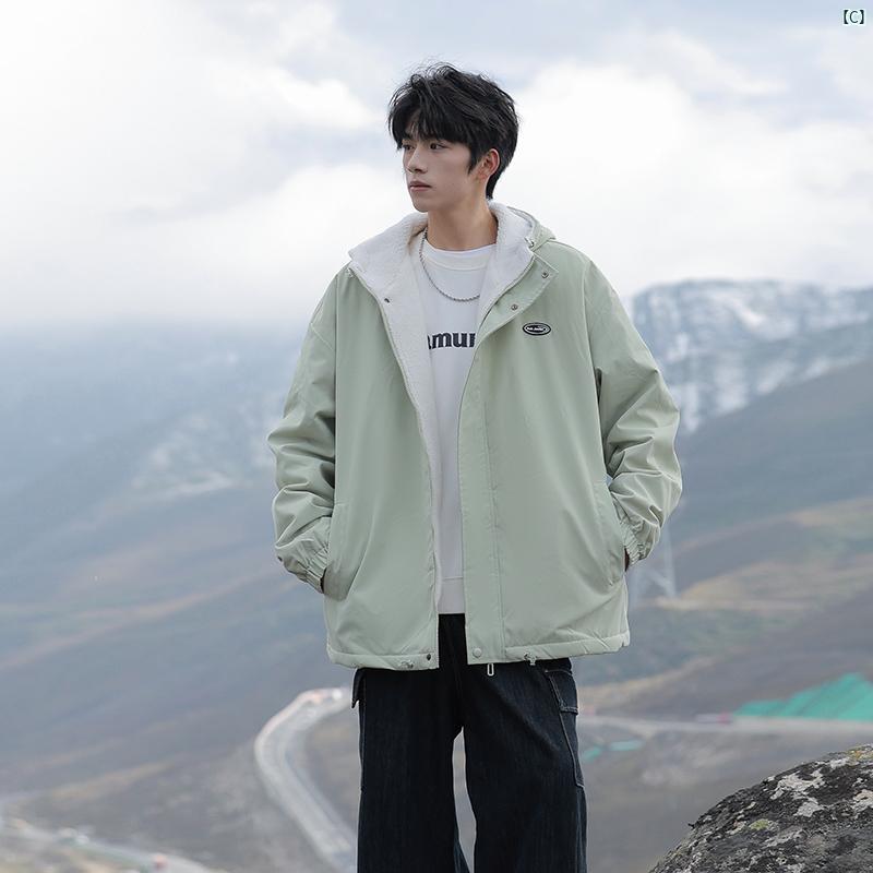 メンズ ファッション 韓国ファッション オシャレ 韓国 Matyou 子羊 ベルベット 厚手 フード付き コットン コート メンズ 冬 カジュアル 暖かい ジャケット ティーンエイジャー