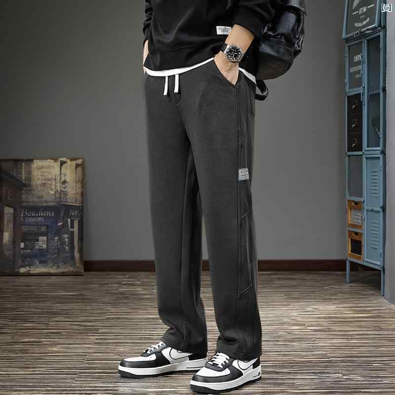 メンズ　ファッション　オシャレ　男性　大歳ストリート アメリカン ヘビーウェイト ストレート カジュアル パンツ 男性用 秋 スポーツ スウェットパンツ スプライシング ドレープ ワイド レッグ