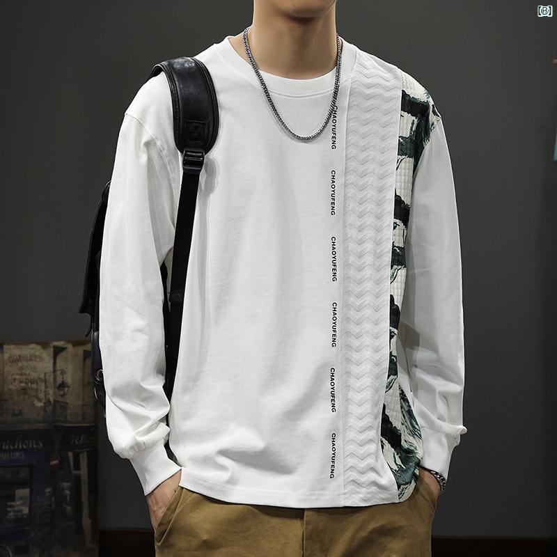 メンズ　ファッション　オシャレ　男性　大歳ストリート 秋 メンズカジュアル スプライシング 長袖 Tシャツ ヘビー コットン ラウンドネック トップ