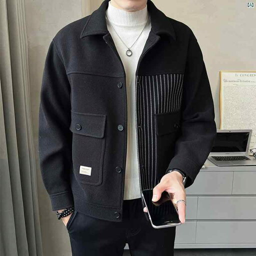 メンズ ファッション 韓国ファッション オシャレ カジュアル 男性用 大歳 春秋 ファッション 男性用 ショート ストライプ ウール コート パッチワーク カジュアル ジャケット トップス メンズ ファッション 韓国ファッション オシャレ カジュアル 男性用 大歳 春秋 ファッション 男性用 ショート ストライプ ウール コート パッチワーク カジュアル ジャケット トップス