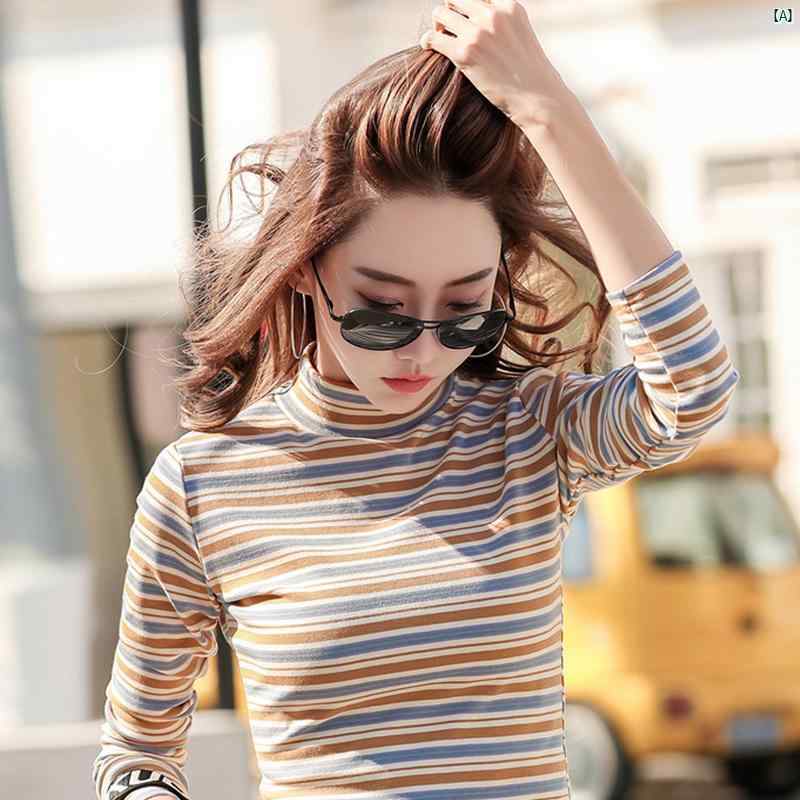 レディース　レディース　ファッション　オシャレ　カジュアル ストライプ 長袖 Tシャツ 春秋 スリムフィット インナーシャツ ハーフ タートルネック コットン ボトム シャツ トップス