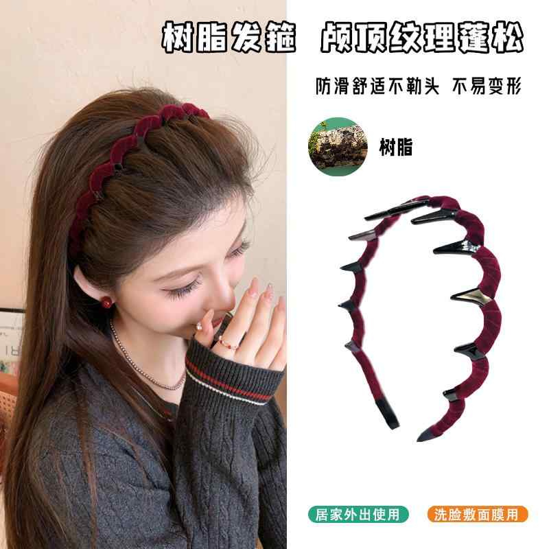 レディース　ファッション　レディース　オシャレ　綺麗　アクセサリー Ancora レッド ベルベット 波状 ヘッド バンド 歯 付き 滑り止め 秋冬 ハイ スカル ヘアピン ヘア アクセサリー