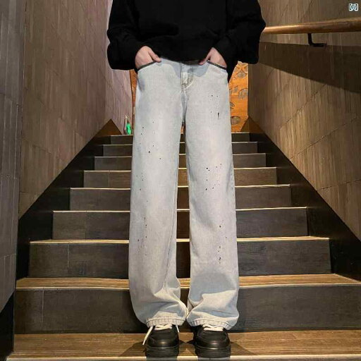 メンズ ファッション カジュアル スプラッシュ スモークグレー ジーンズ ストレート レッグ ワイド パンツ 秋 アメリカ ストリート バイブパンツ メンズ ファッション カジュアル スプラッシュ スモークグレー ジーンズ ストレート レッグ ワイド パンツ 秋 アメリカ ストリート バイブパンツ