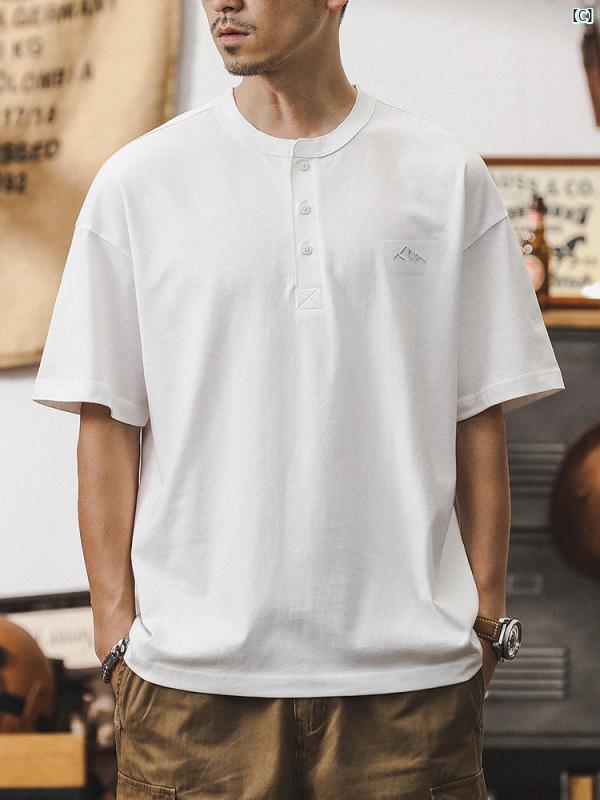 メンズ　カジュアル　男性　オシャレ アメリカン レトロ 半袖 Tシャツ 夏 メンズ ヘンリー カラー ポロシャツ たり 大きいサイズ コットン