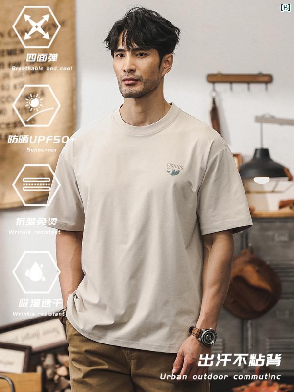 メンズ　カジュアル　男性　オシャレ 夏 屋外 釣り プリント ホワイト 日焼け防止 服 メンズ Tシャツ 半袖 トップ