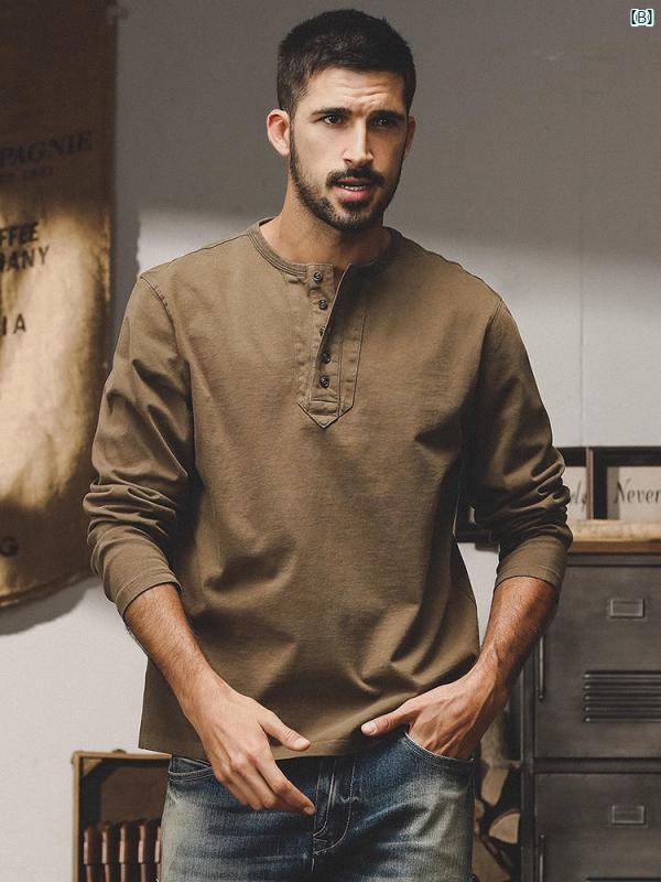 メンズ　カジュアル　男性　オシャレ アメリカン レトロ 長袖 Tシャツ 男性用 ヘンリー カラー トップ 秋 コットン