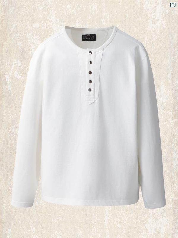 メンズ　カジュアル　男性　オシャレ アメリカン レトロ 長袖 Tシャツ 男性用 ヘンリー カラー トップ 秋 コットン