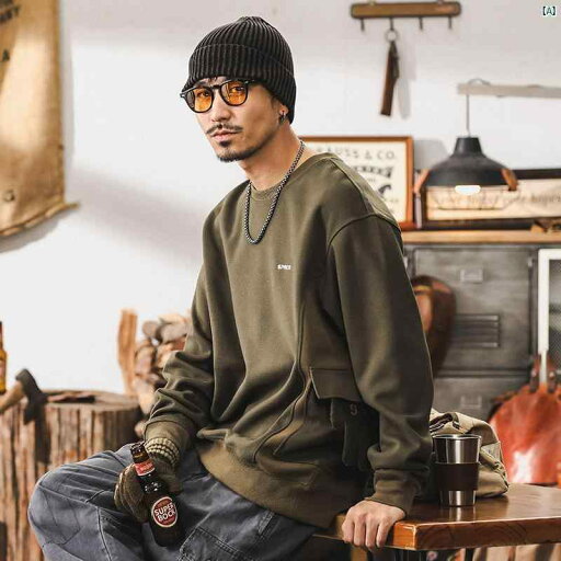 メンズ カジュアル 男性 オシャレ アメリカン レトロ 厚手 スウェットシャツ きめ細かい ウール ニット トップ 男性用 秋 スプライシング ポケット ジャケット メンズ カジュアル 男性 オシャレ アメリカン レトロ 厚手 スウェットシャツ きめ細かい ウール ニット トップ 男性用 秋 スプライシング ポケット ジャケット
