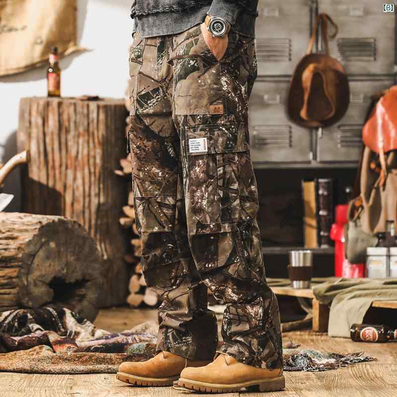 メンズ　カジュアル　男性　オシャレ アメリカン レトロ アウトドア タフ 迷彩 ワークパンツ メンズ 秋 ダメージ 加工 ストレート カジュアル パンツ