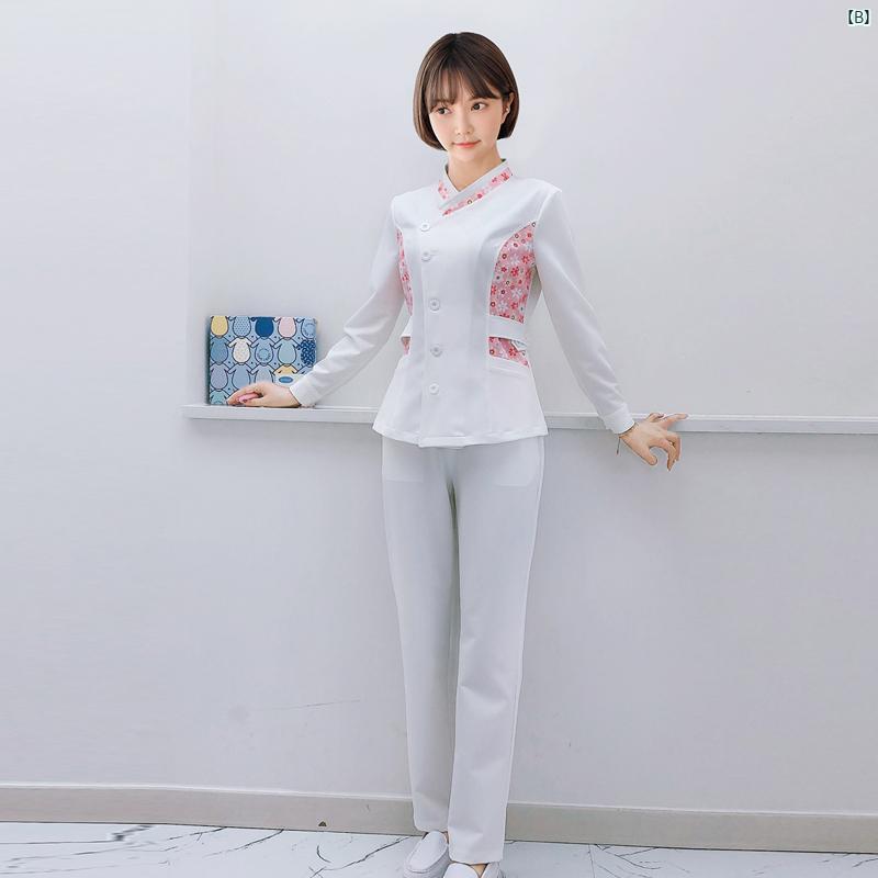 レディース チュニック　オシャレ　仕事着　かわいい ナース ユニフォーム スーツ スプリット スリムフィット 花柄 長袖 母子 ケア 歯科 医療 オーバー オール