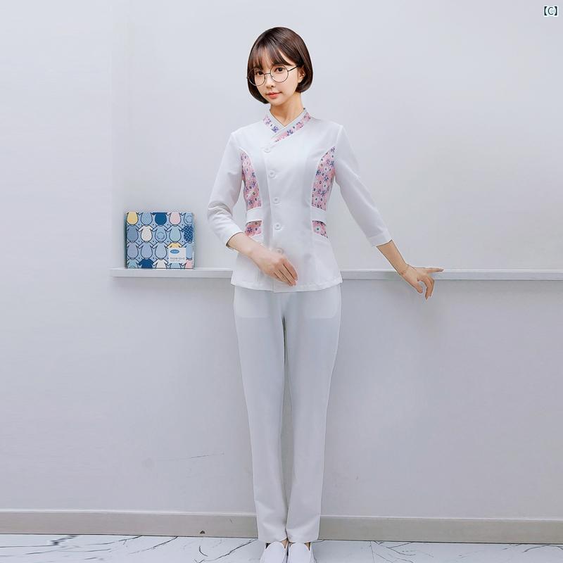 レディース チュニック　オシャレ　仕事着　かわいい ナース ユニフォーム スーツ スプリット スリムフィット 花柄 長袖 母子 ケア 歯科 医療 オーバー オール