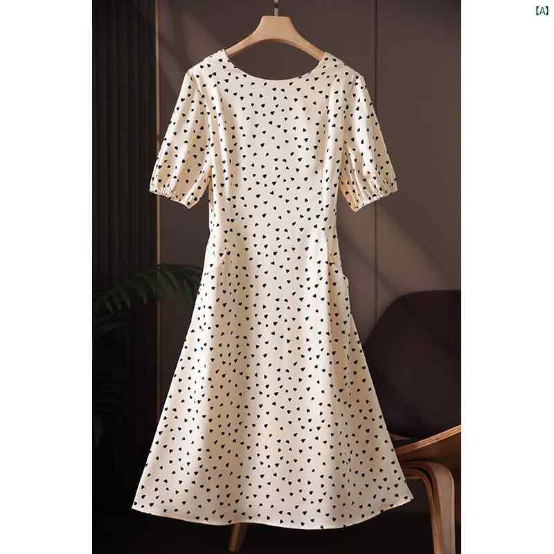 レディース ファッション　オシャレ　カジュアル　かわいい　綺麗 夢 中った ヘプバーン 数秒 ガールズ ウエスト 変身 フレンチ パフスリーブ ラブ ポルカドット プリント スリム シフォン ドレス