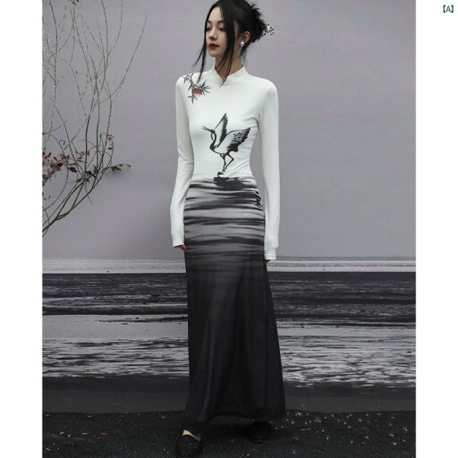 レディース レディース ファッション オシャレ モダン 海外風 中華風 ニット ドレス レディース 秋 中華風水墨画 鶴 プリント スリムフィット インナー ロング スカート レディース レディース ファッション オシャレ モダン 海外風 中華風 ニット ドレス レディース 秋 中華風水墨画 鶴 プリント スリムフィット インナー ロング スカート