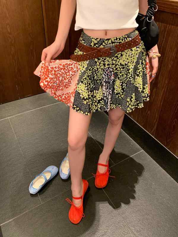 レディース　ファッション　オシャレ　海外　モダン　アーバン 美 詩的 多層 カラー スプライシング 花柄 エレガント スカート
