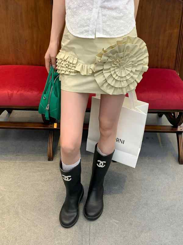 レディース　ファッション　オシャレ　海外　モダン　アーバン 美 独特 立体 プリーツ フラワーレース 装飾 ロー エッジ スカート