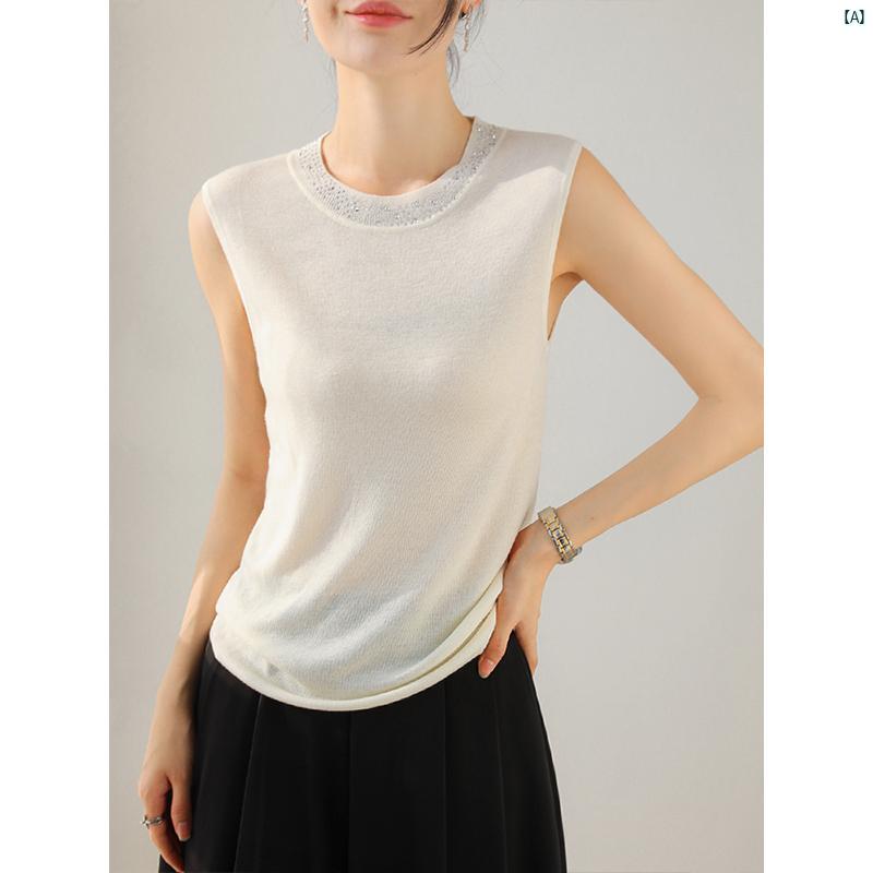レディース ファッション　レディース　カジュアル　上品　綺麗　外出 スーパーファイン ウール ラウンドネック ワイド ショルダー ホット ノースリーブ キャミソール 初秋 着痩せ ホワイトインナー