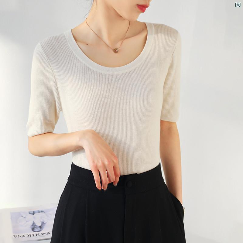 レディース ファッション　レディース　カジュアル　上品　綺麗　外出 大きい ラウンドネック 鎖骨 シルケット ウール 薄手 半袖 セーター 夏 スリムフィット インナー ピット プルオーバーシャツ