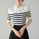 レディース ファッション レディース カジュアル 上品 綺麗 外出 POLO 襟 ネイビーブルー ストライプ 半袖 ニット Tシャツ 夏 冷感 スリム インナー 重ね着 トップ(4)