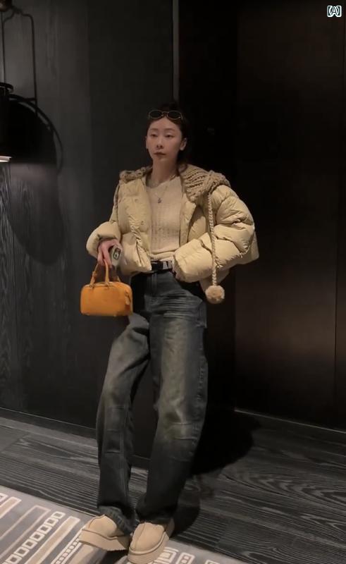 レディース レディース　アーバンファッション　モダンファッション　海外　欧州　個性的　アーバン パーティー ステーション 冬 新 スリム ニット ファー 襟 スプライシング ショート ダウン ジャケット レディース