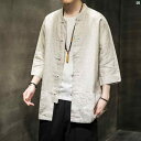 メンズ ファッショオン オシャレ カジュアル 男性 中国 大きめ サイズ コットン リネン シャツ ボタン ダウン ラウンドネック アンティーク 七分袖 す(4)