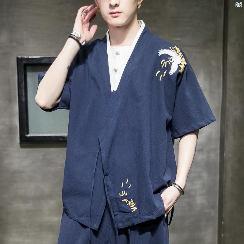 メンズ　ファッショオン　オシャレ　カジュアル　男性 レトロ 中華風 コットン リネン バックル トップ 夏 薄手 大きいサイズ ラウンドネック 半袖