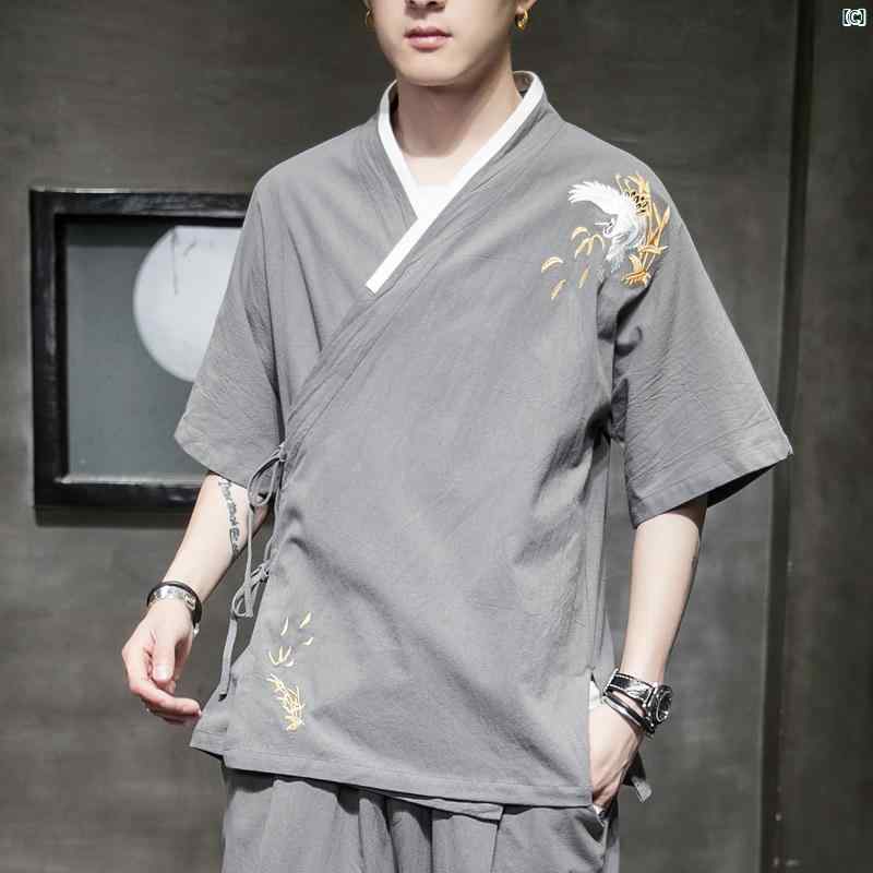 メンズ　ファッショオン　オシャレ　カジュアル　男性 レトロ 中華風 コットン リネン バックル トップ 夏 薄手 大きいサイズ ラウンドネック 半袖