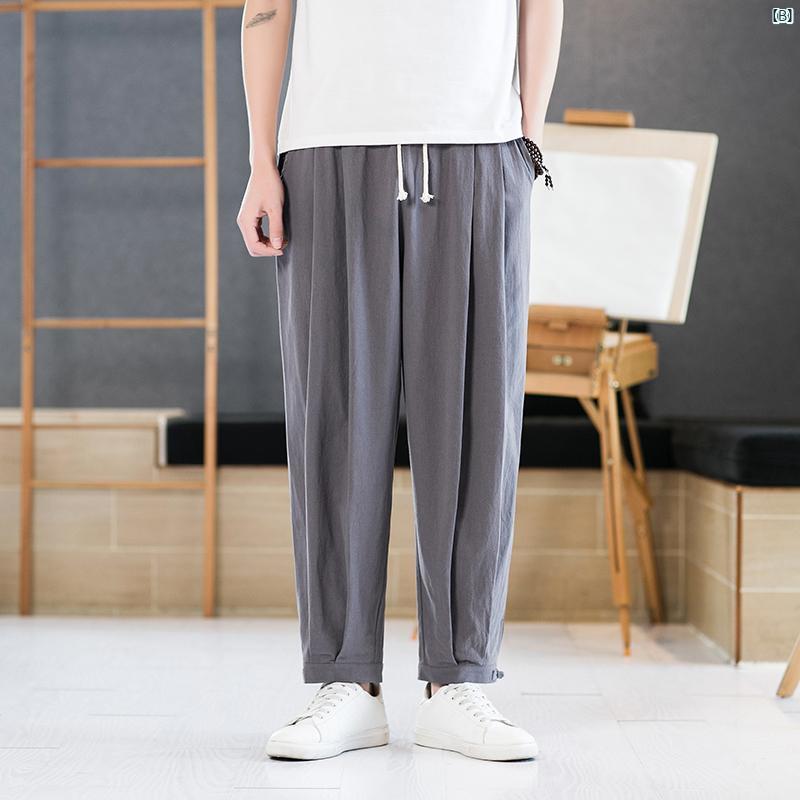 メンズ　ファッショオン　オシャレ　カジュアル　男性 中華風 リネン パンツ ストレート 冷感 ドレープ 通気性 ワイド レッグ