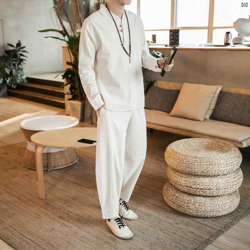 メンズ　ファッショオン　オシャレ　カジュアル　男性 Tシャツ 春 薄手 中華風 リネン スーツ 大きいサイズ 素歳 瞑想 コットン 長袖