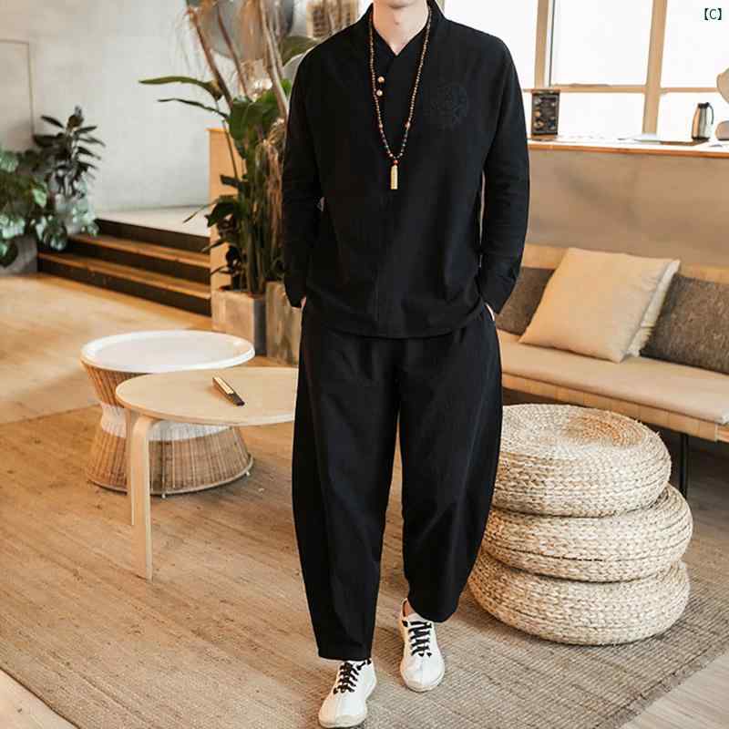 メンズ　ファッショオン　オシャレ　カジュアル　男性 Tシャツ 春 薄手 中華風 リネン スーツ 大きいサイズ 素歳 瞑想 コットン 長袖