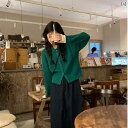 レディース ファッション レディース オシャレ かわいい 綺麗 上品 レトロ ワッフル グリーン ニットカーディガン 秋 小柄 ショート セーター 長袖 ジャケット(4)