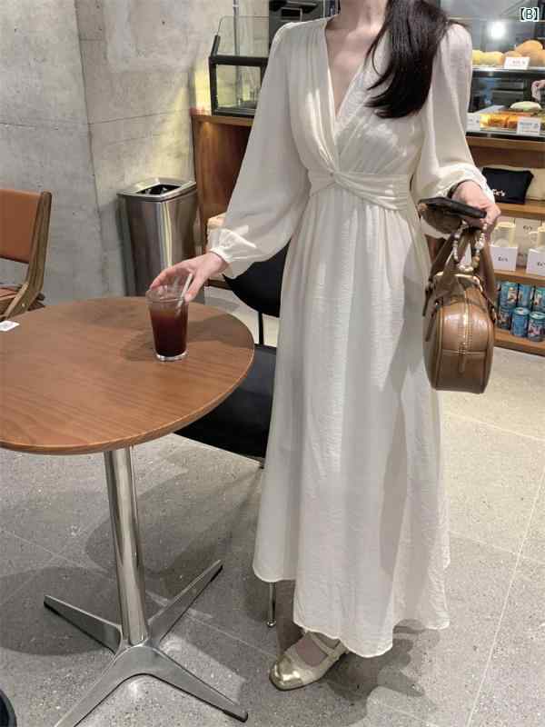 レディース　ファッション　レディース　オシャレ　かわいい　綺麗　上品 フレンチ ロマンチック キンク スリム ウエスト ドレス 初秋 パフスリーブ フェアリー ロング