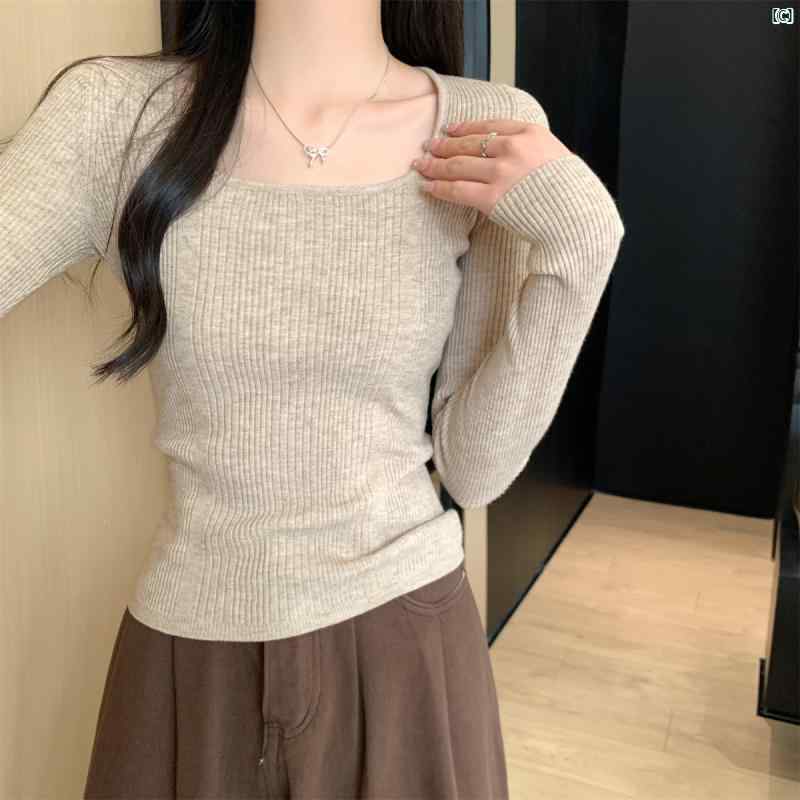 レディース　ファッション　オシャレ　かわいい　綺麗　カジュアル 秋冬 韓国 スクエアネック スリムフィット ニット ボトム 長袖 トップス す