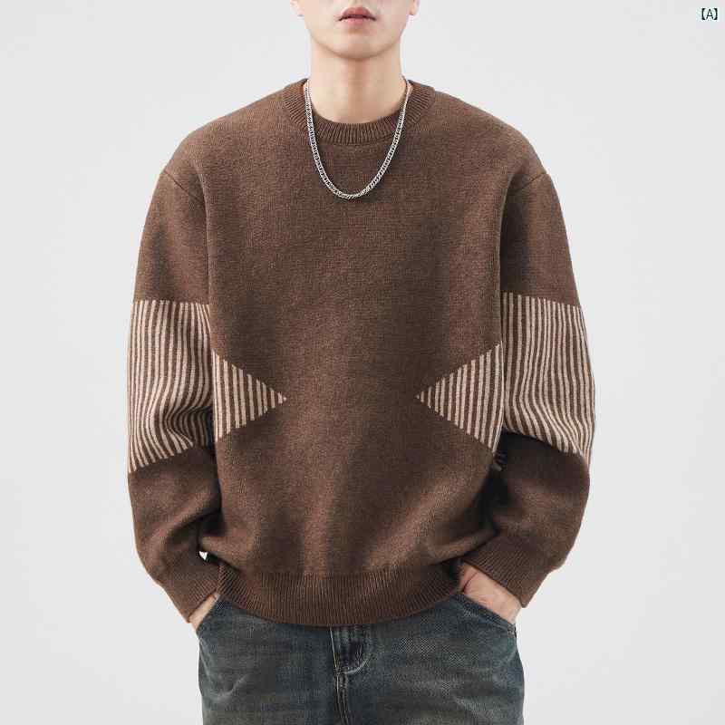 メンズ ファッション オシャレ カジュアル 男性 ラウンドネック セーター パッチワーク 長袖 ウール トップ