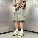 メンズ ファッション オシャレ カジュアル 男性 ブレスト スリット デニム ショート パンツ 夏 薄手 アメリカン ストリート ダメージ 加工 レトロ クォーター