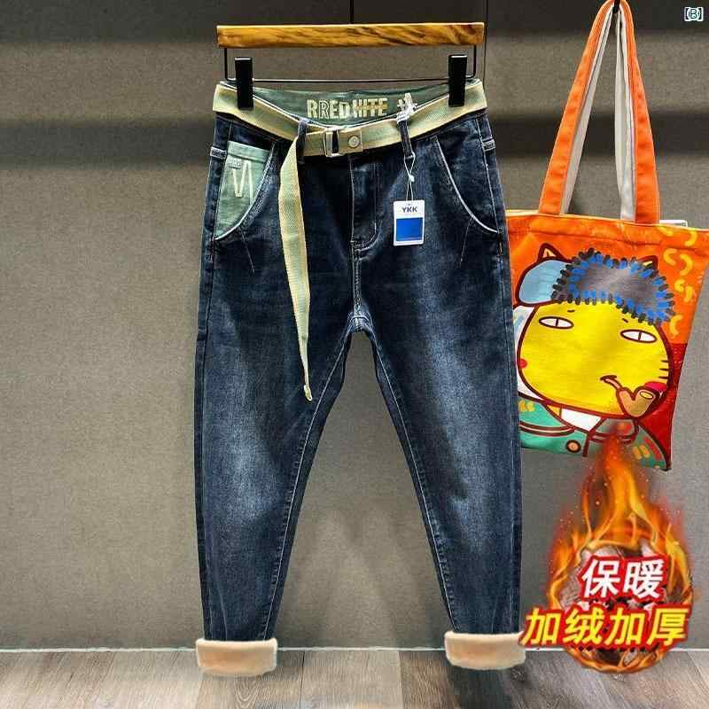 メンズ　ファッション　オシャレ　カジュアル　男性 秋冬 ベルベット 厚手 耐久性 斜め ポケット ジーンズ 男性用 小柄 足 パンツ