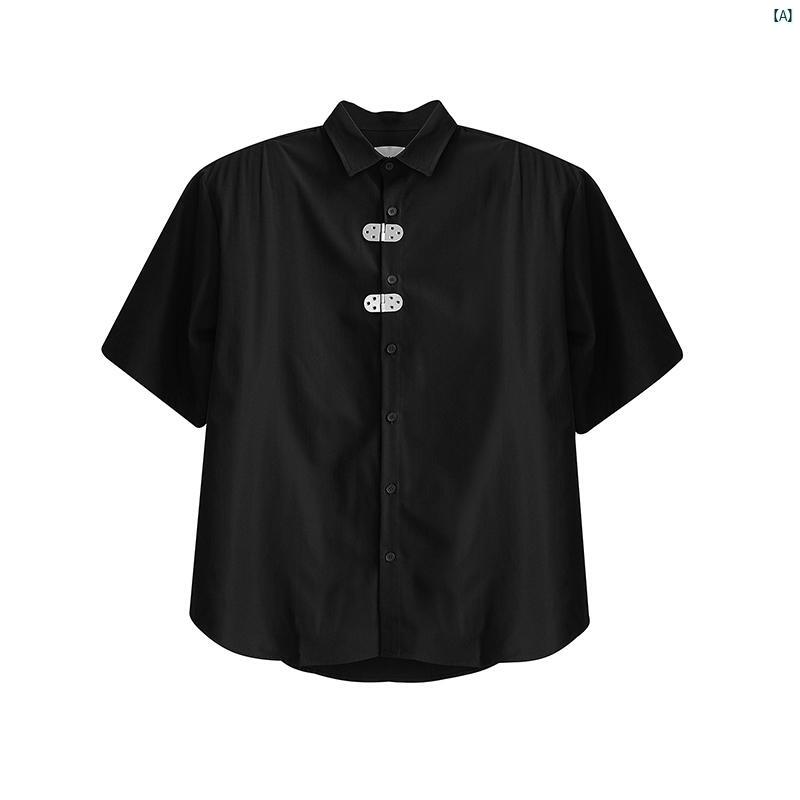 メンズ　ファッション　オシャレ　カジュアル　男性 春秋 韓国 肩 パッド 半袖 シャツ メタル ロック バックル ワークウェア ジャケット